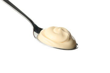 Spoon with mayonnaise sauce isolated on white background