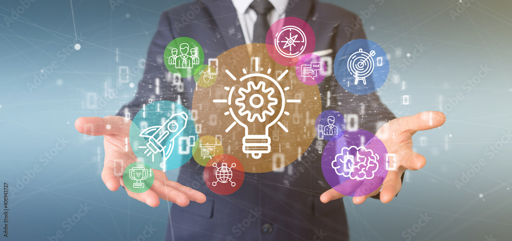 Aufkleber cloud of colorfull start up icon bubble with data businessman holding a binary 3d rendering