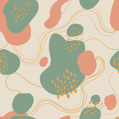 Modern abstract seamless pattern with hand drawn textures, spots and brush strokes. Hand drawn various shapes and doodle objects. Stylish repeted background. 