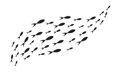 Silhouettes school of fish with marine life of various sizes swimming fish flat style design vector illustration. Colony of big and small sea animals.