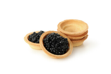 Tartlets with black caviar isolated on white background
