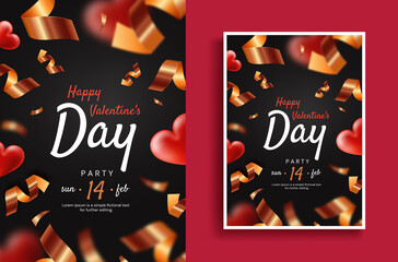 Valentine's Day poster. Valentine's Day Party Flyer Template. Hearts on a black background with serpentine.