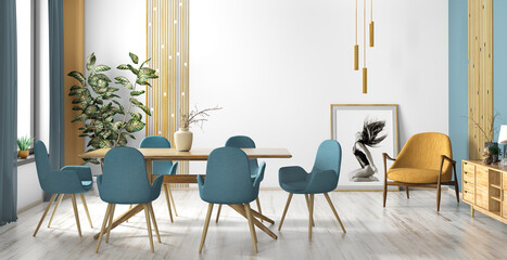 Interior design of modern scandinavian dining room 3d rendering