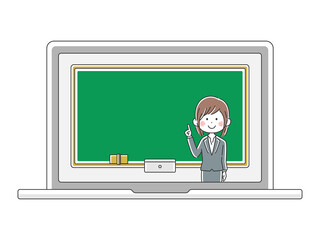 オンライン授業をする日本人女性教師のイラスト