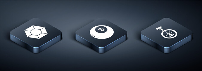Set Isometric Magic stone, Unicycle or one wheel bicycle and Magic ball of predictions icon. Vector. © Oksana
