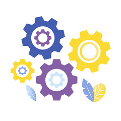 Mechanism gears close rotating vector cartoon concept. Gears turning process. Process, working, procedure, connection, cooperation concept animation.