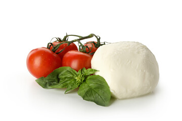 Mozzarella cheese, tomato and basil isolated on white background