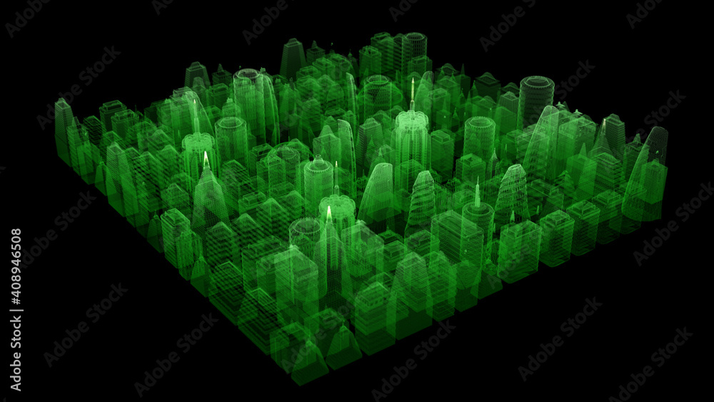 Aufkleber Futuristic digitally generated 3d holographic city with hi-light scanning and 5G communication signals for head up display and user interface design