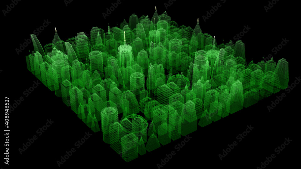 Aufkleber Futuristic digitally generated 3d holographic city with hi-light scanning and 5G communication signals for head up display and user interface design