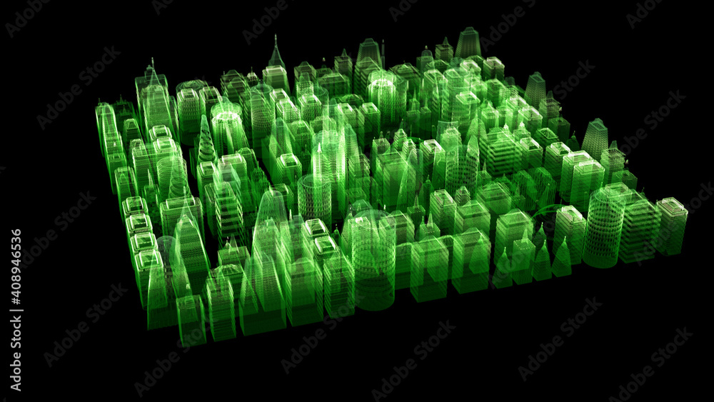 Aufkleber Futuristic digitally generated 3d holographic city with hi-light scanning and 5G communication signals for head up display and user interface design