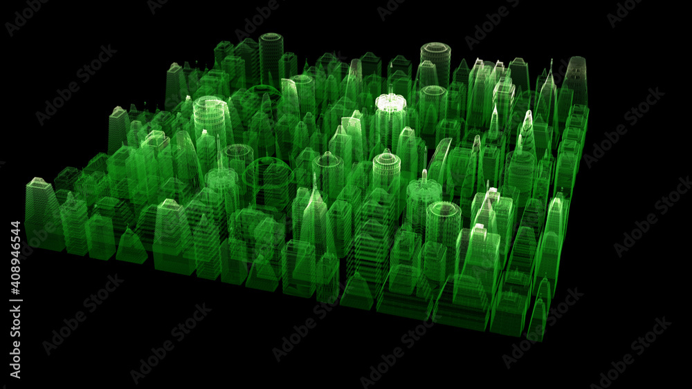Aufkleber Futuristic digitally generated 3d holographic city with hi-light scanning and 5G communication signals for head up display and user interface design