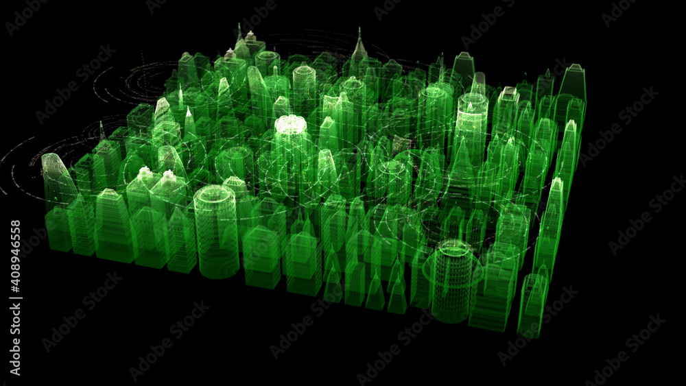 Aufkleber Futuristic digitally generated 3d holographic city with hi-light scanning and 5G communication signals for head up display and user interface design