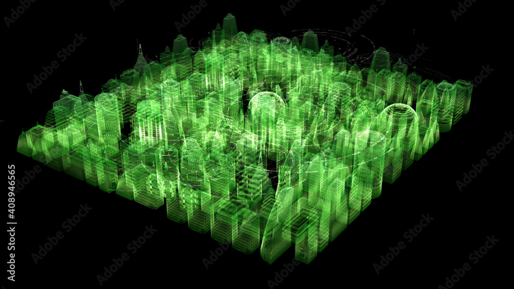Aufkleber Futuristic digitally generated 3d holographic city with hi-light scanning and 5G communication signals for head up display and user interface design