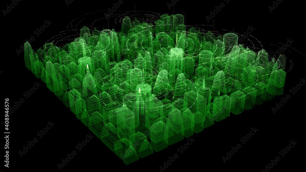 Aufkleber Futuristic digitally generated 3d holographic city with hi-light scanning and 5G communication signals for head up display and user interface design