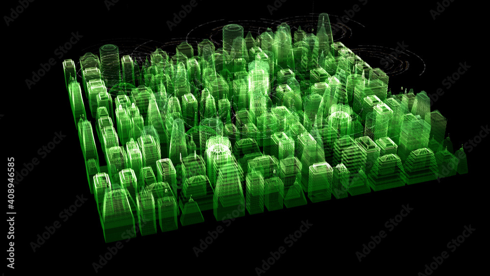 Aufkleber Futuristic digitally generated 3d holographic city with hi-light scanning and 5G communication signals for head up display and user interface design