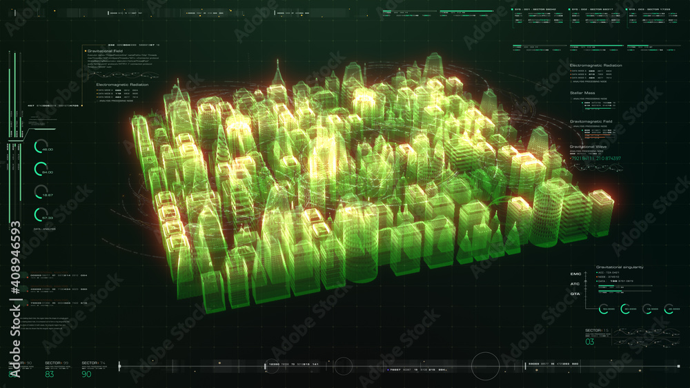 Aufkleber Futuristic digitally generated 3d holographic city with hi-light scanning and 5G communication signals for head up display and user interface design