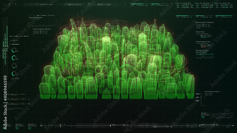 Aufkleber Futuristic digitally generated 3d holographic city with hi-light scanning and 5G communication signals for head up display and user interface design