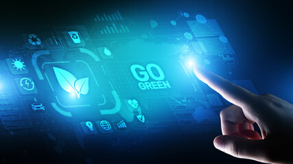 GO green eco technology ecology earth planet saving alternative energy. Button on virtual screen.