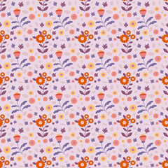 Floral seamless pattern on pastel pink background. Flower repeat wallpaper. Flat design. Botanical illustration. Textile and wrapping print.