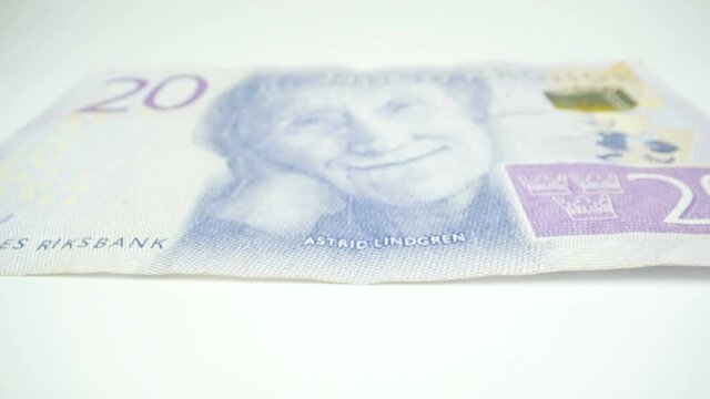 The closer look of the face of Astrid Lindgren on the 20 bill of Swedish Krona 