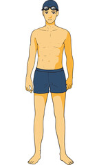 Fototapeta premium スイムキャップとゴーグルを付けて競泳用水着を着た若い男性