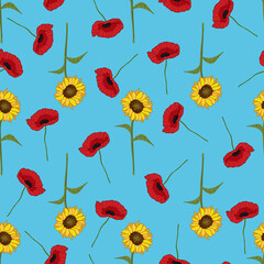 Poppy and sunflower seamless pattern