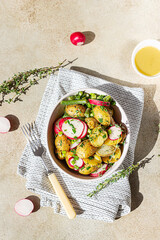 Homemade potato salad with green beans, radishes and herbs dressing with olive oil and mustard sauce, light concrete background. Bright sunlight and trendy shadows.