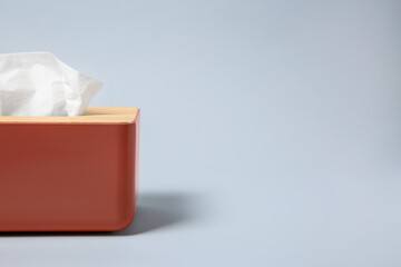 Holder with paper tissues on light grey background, closeup. Space for text