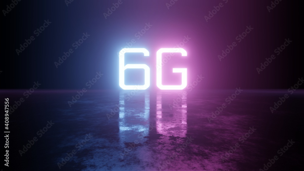 Poster 3d rendering of 6g text with glowing led colors and reflection on grunge dark floor. for mobile data