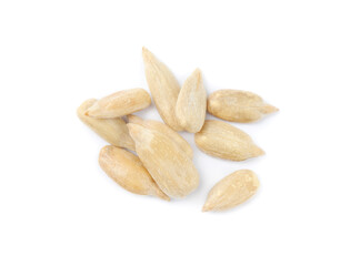 Peeled sunflower seeds on white background, top view