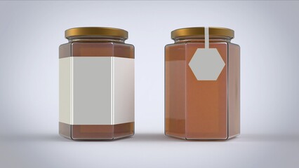1000 ml honney jars with white rectangle and hexagon paper label in front plate on white solid background mockup collection ready for branding 3d rendering image