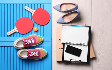 Flat lay composition with business supplies and sport equipment on color background. Concept of balance between work and life