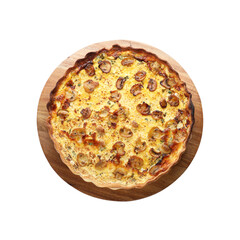 Delicious homemade mushroom pie on white background, top view