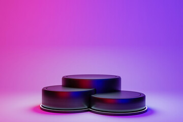 3 step Blank black cylinder podium in dark studio with red and purple LED light, futurlistic concept, showcase for product, 3d rendering