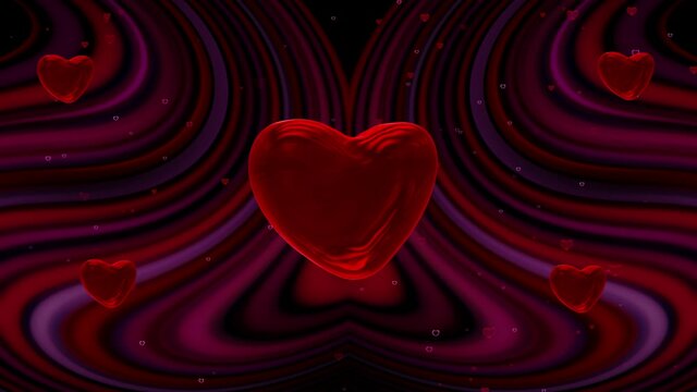 Romantic 3d background with rotating glass hearts and abstract pattern