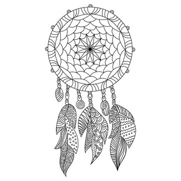 Zen dreamcatcher coloring page, intertwined threads on frame, light feathers with meditative patterns