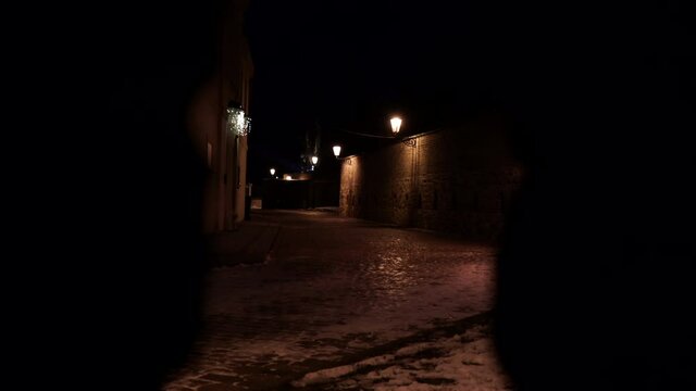 
street lighting and sidewalk of cobblestones and walls of the Vysehrad  fortress from the 18th century at night in the city of Prague 
and silhouettes of walking people at night 