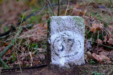 Alter Grenzstein kennzeichnet die Grenze an einem Wald