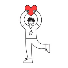 Doodle style man holding big heart symbol in hands. Hand-drawn illustration with cartoon character for valentine's day, love emotion concept. Isolated vector line art for social media, card, banner.