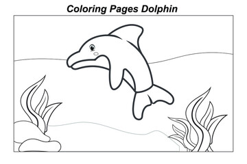 Coloring pages. Marine wild animals. ittle cute baby dolphin underwater. illustration in a cartoon style for a coloring book