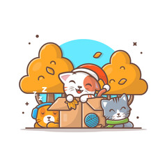 Obraz na płótnie Canvas Happy Cute Cats Wear Scarf in The Box Autumn Cartoon Vector Icon Illustration. Animal Nature Icon Concept Isolated Premium Vector. Flat Cartoon Style