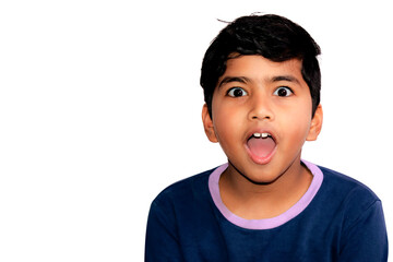 Portrait of a little Asian Indian boy looking extremely surprised with his mouth open isolated on white background.