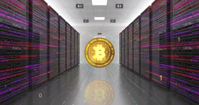 Bitcoin Blockchain Mining In Progress. High Tech Futuristic Server Room. Gold Bitcoin. Technology And Business Related 3D Animation.