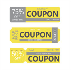 New yellow discount coupon set. Half price, 25, 50, 75% off offers template. Premium special price coupons and best promo retail pricing vouchers.