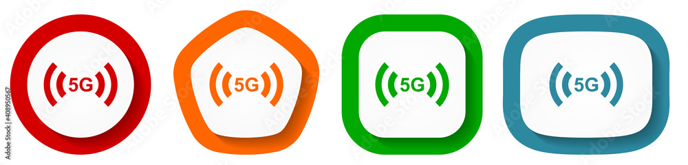 Fototapete 5g internet wireless communication, network vector icon set, flat design buttons on white background