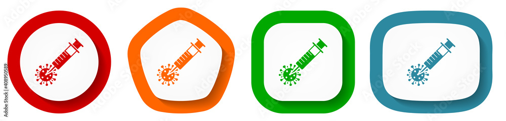 Aufkleber coronavirus vaccine, injection vector icon set, flat design flu shot buttons on white background for