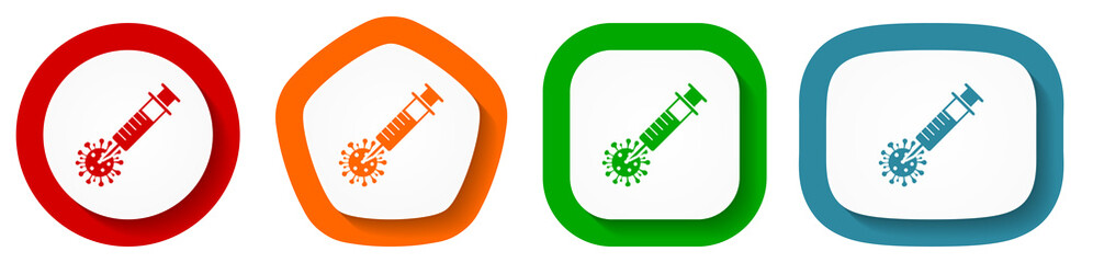 Coronavirus vaccine, injection vector icon set, flat design flu shot buttons on white background for webdesign and mobile phone applications