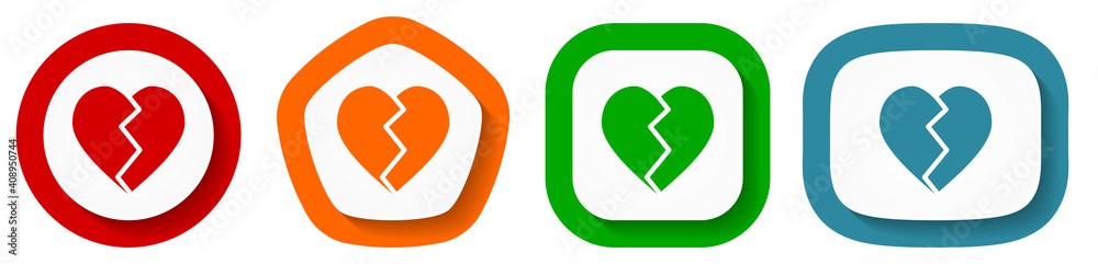 Poster Broken heart vector icon set, flat design buttons on white background for webdesign and mobile phone applications