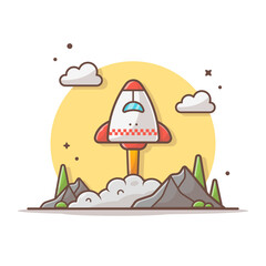 Space Shuttle Taking Off with Clouds, Mountain and Tree Space Cartoon Vector Icon Illustration. Science Technology Icon Concept Isolated Premium Vector. Flat Cartoon Style