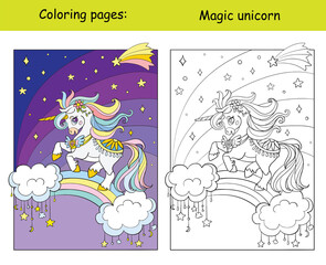 Unicorn flying in the night sky coloring